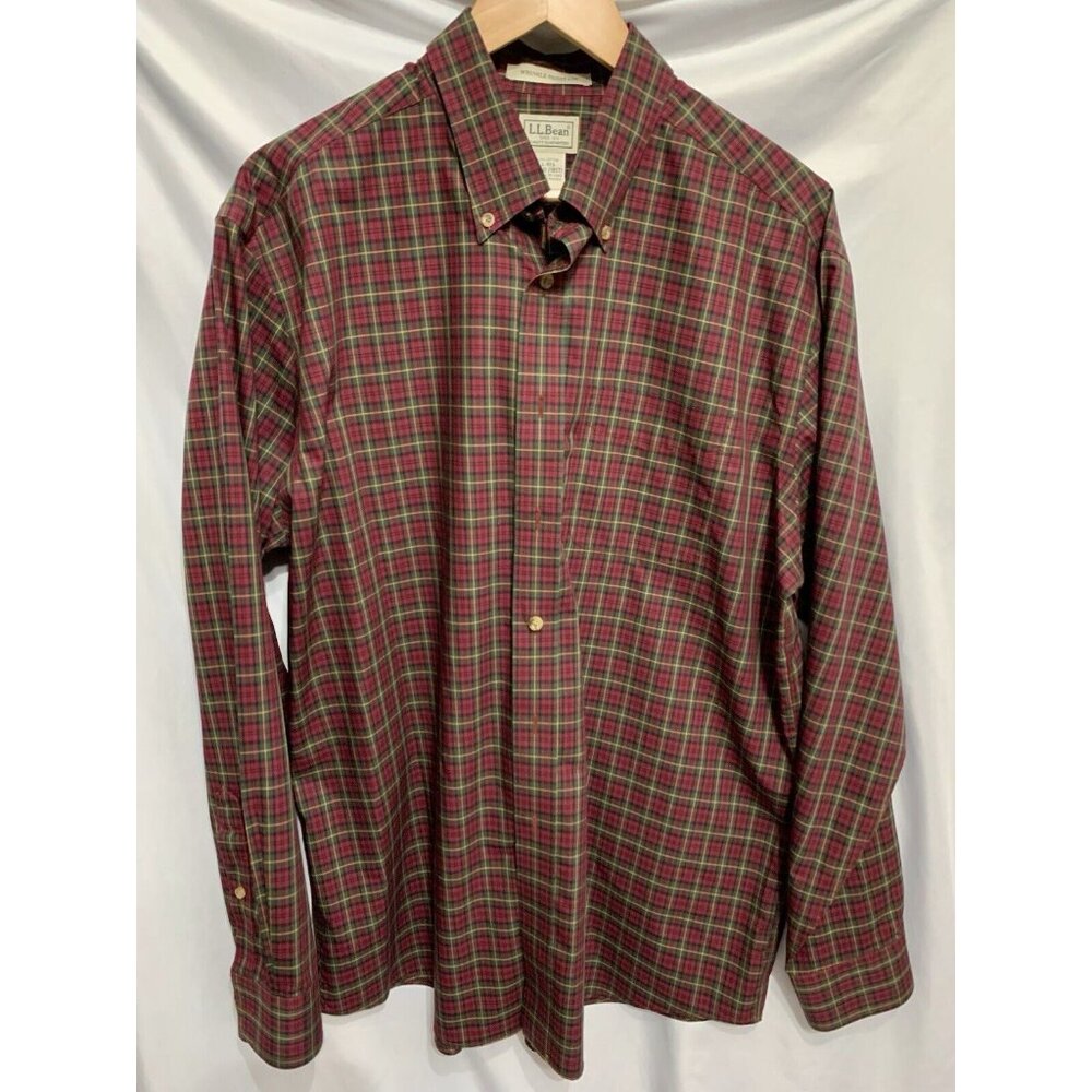 LL Bean Mens Large Cotton Shirt Green Red Plaid Lg Sleeves Wrinkle Resistant